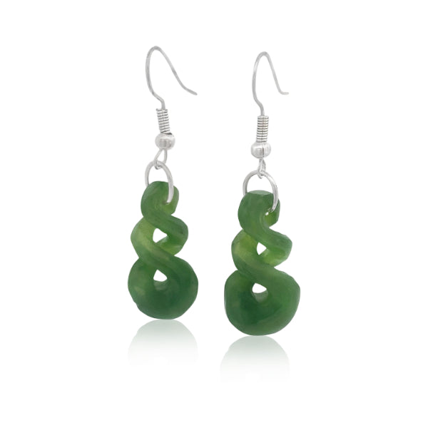 NZ Greenstone Pounamu Twist drops on silver hookds