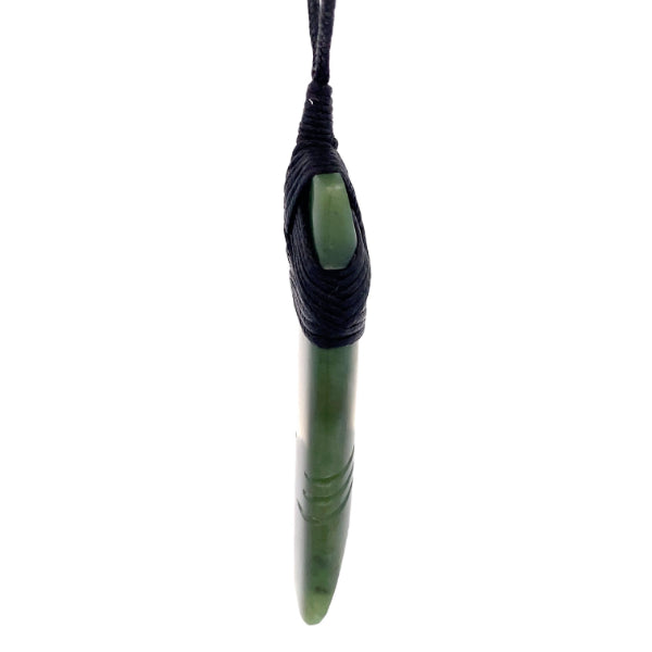 NZ pounamu greenstone bound carved toki on slider cord