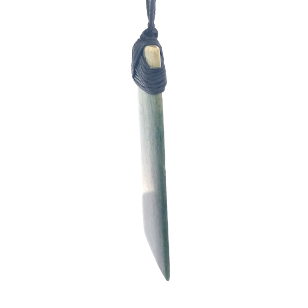 NZ pounamu greenstone 76x31mm bound toki on slider cord