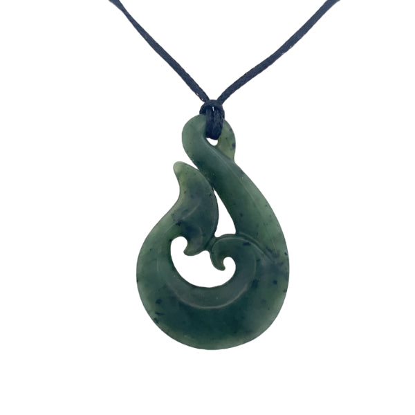 NZ pounamu greenstone hei matau hook with whaletail on slider cord