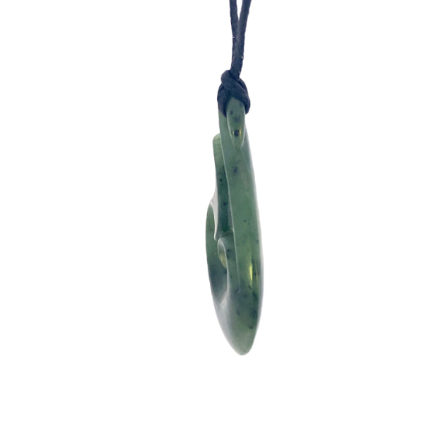 NZ pounamu greenstone hei matau hook with whaletail on slider cord