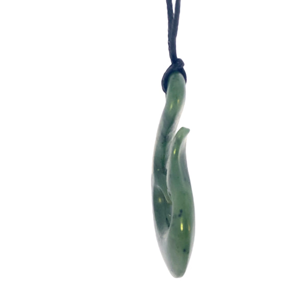 NZ pounamu greenstone hei matau hook with whaletail on slider cord