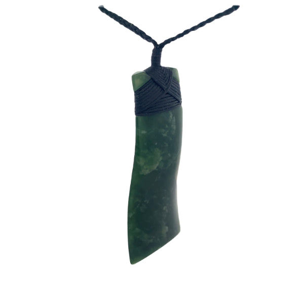 NZ pounamu greenstone bound curved toki on slider cord