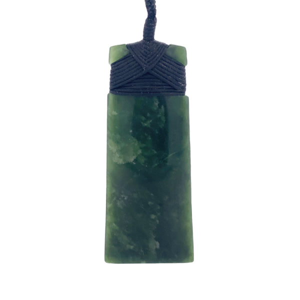 NZ pounamu greenstone bound curved toki on slider cord