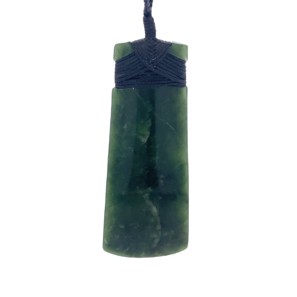 NZ pounamu greenstone bound curved toki on slider cord