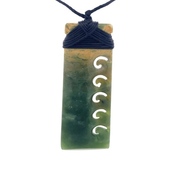 NZ pounamu greenstone bound toki with 5 koru on slider cord