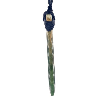 NZ pounamu greenstone bound toki with 5 koru on slider cord