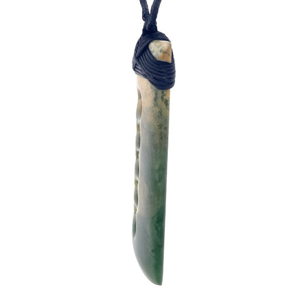 NZ pounamu greenstone bound toki with 5 koru on slider cord