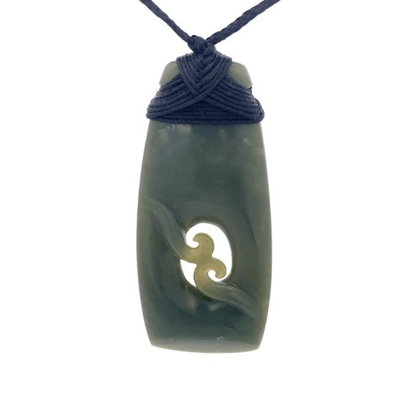 NZ pounamu greenstone bound toki with two koru on slider cord