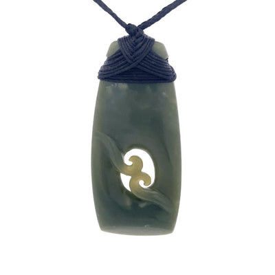 NZ pounamu bound toki with two koru on slider cord