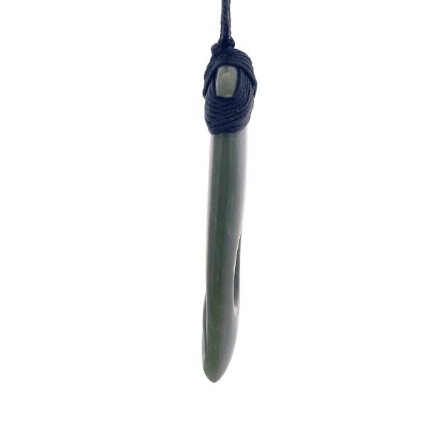 NZ pounamu greenstone bound toki with two koru on slider cord