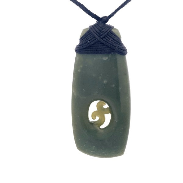 NZ pounamu greenstone bound toki with two koru on slider cord