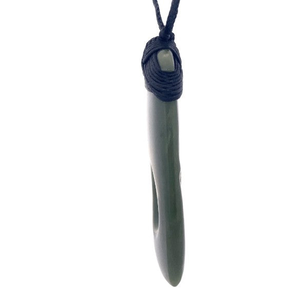 NZ pounamu greenstone bound toki with two koru on slider cord