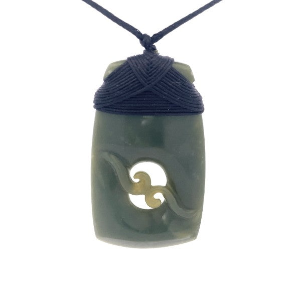 NZ pounamu greenstone bound toki with 2 koru on slider cord