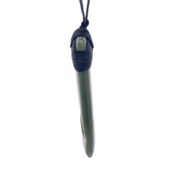 NZ pounamu greenstone bound toki with 2 koru on slider cord