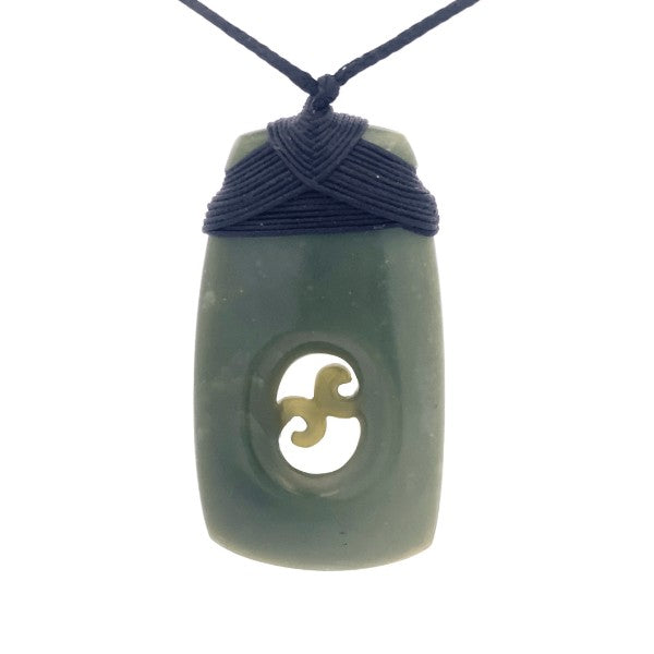 NZ pounamu greenstone bound toki with 2 koru on slider cord