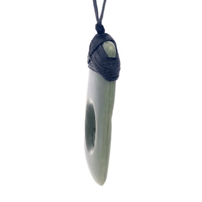 NZ pounamu greenstone bound toki with 2 koru on slider cord