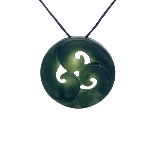 NZ pounamu greenstone circle with triple koru on slider cord