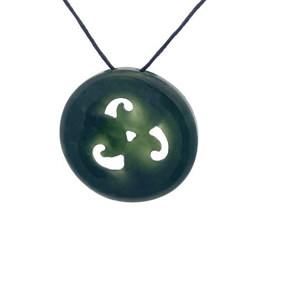 NZ pounamu greenstone circle with triple koru on slider cord