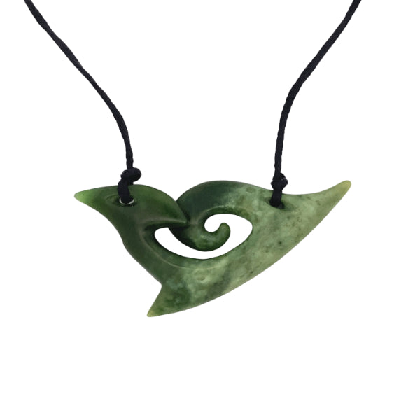 NZ pounamu greenstone carving with koru & hook necklace on slider cord