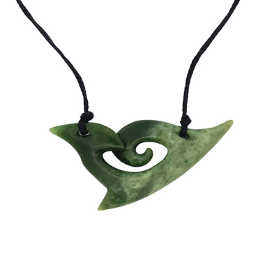 NZ Greenstone Pounamu carving with Koru & Hook necklace on slider cord