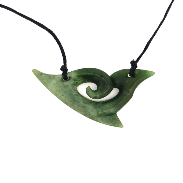 NZ pounamu greenstone carving with koru & hook necklace on slider cord