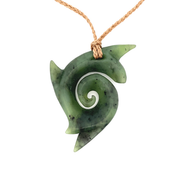 NZ pounamu greenstone whaletail with koru necklace