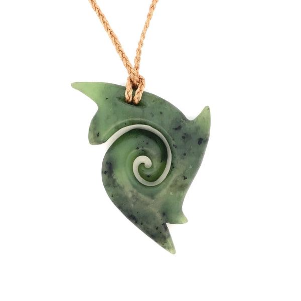 NZ pounamu greenstone whaletail with koru necklace