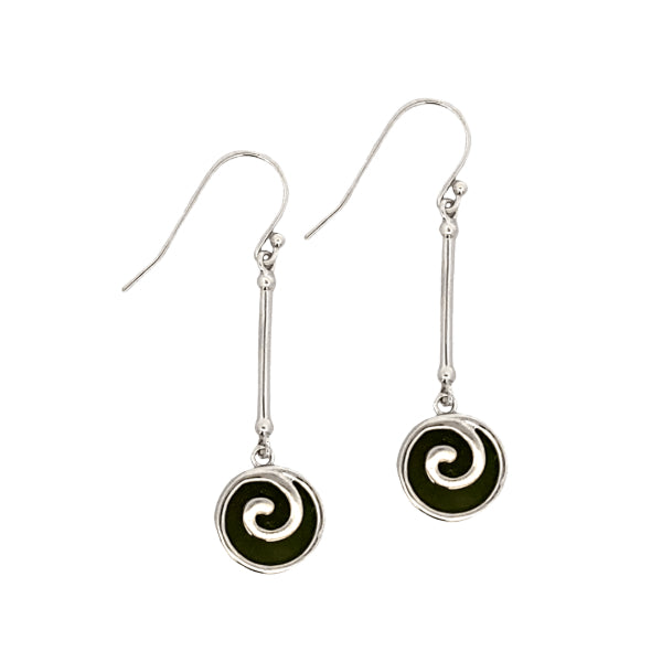 NZ Greenstone pounamu round drop hook earrings in sterling silver