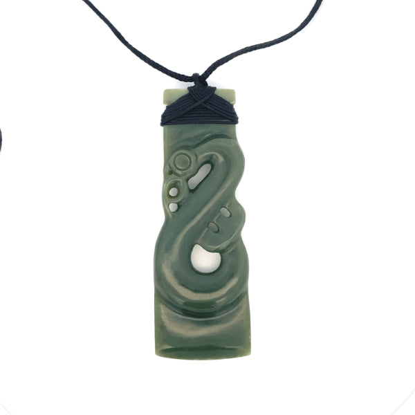 NZ pounamu greenstone bound toki with manaia on slider cord - 97mm