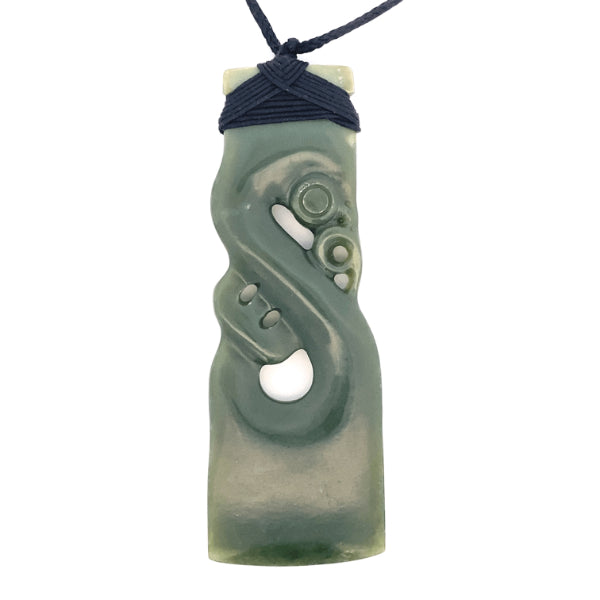 NZ pounamu greenstone bound toki with manaia on slider cord - 97mm