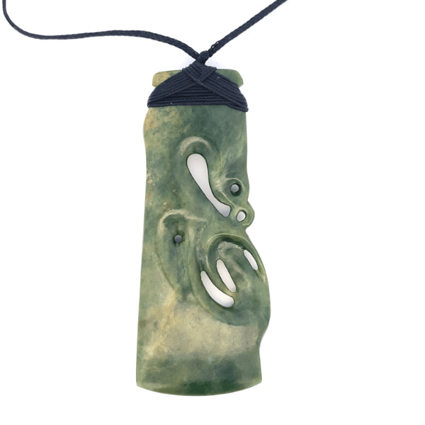 NZ pounamu greenstone bound toki with manaia on slider cord - 104mm