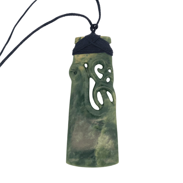 NZ pounamu greenstone bound toki with manaia on slider cord - 100mm