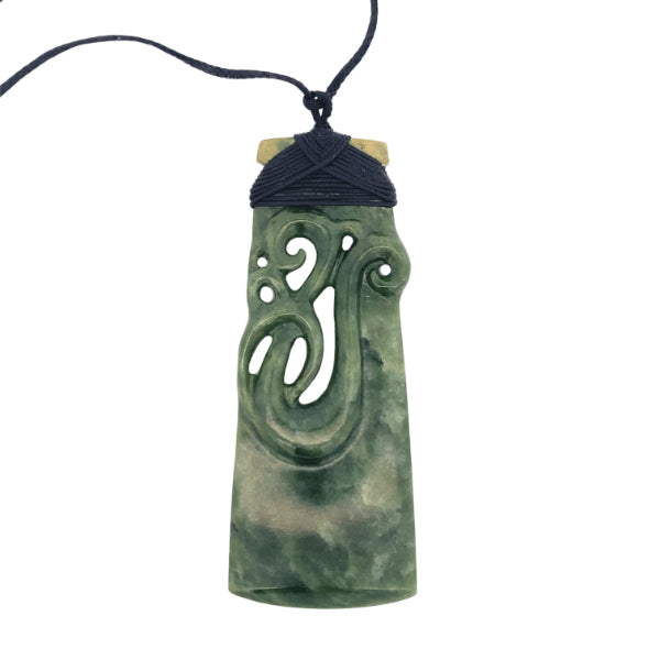 NZ pounamu greenstone bound toki with manaia on slider cord - 100mm