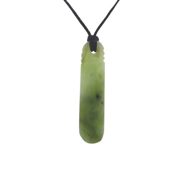 NZ pounamu greenstone drop pendant with three grooves on slider cord.