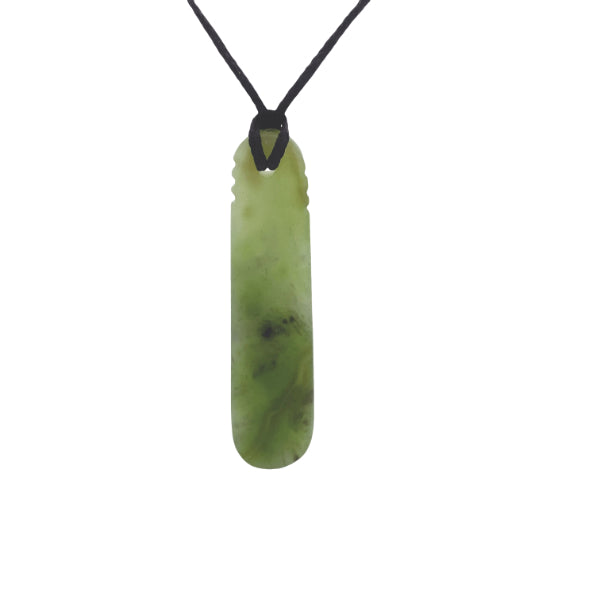 NZ pounamu greenstone drop pendant with three grooves on slider cord.