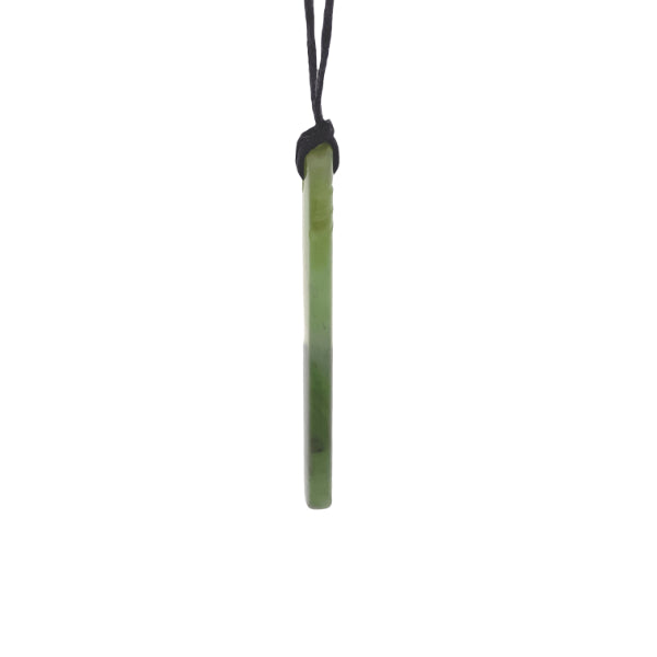NZ pounamu greenstone drop pendant with three grooves on slider cord.