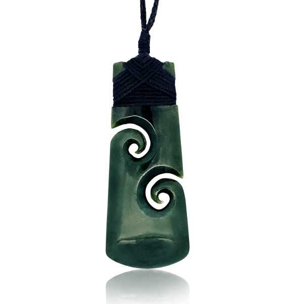NZ Greenstone Pounamu Toki necklace with two Koru