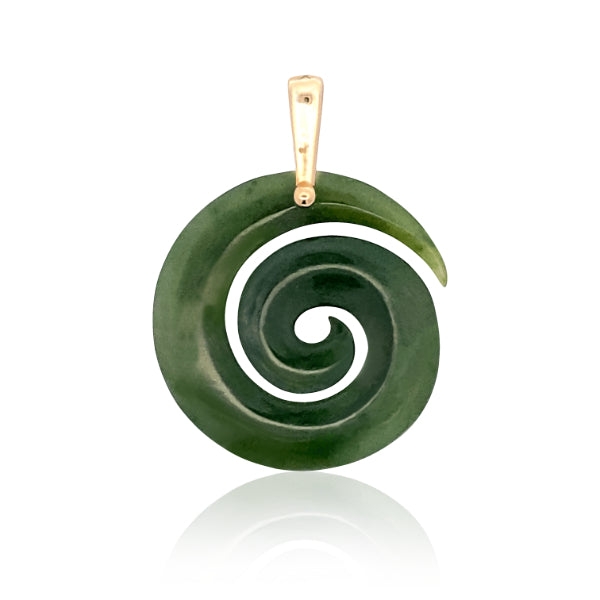 NZ pounamu greenstone koru pendant on 9ct yellow gold bale