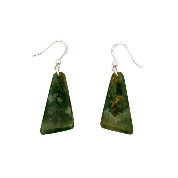 NZ pounamu greenstone triangle drop earrings on sterling silver hooks