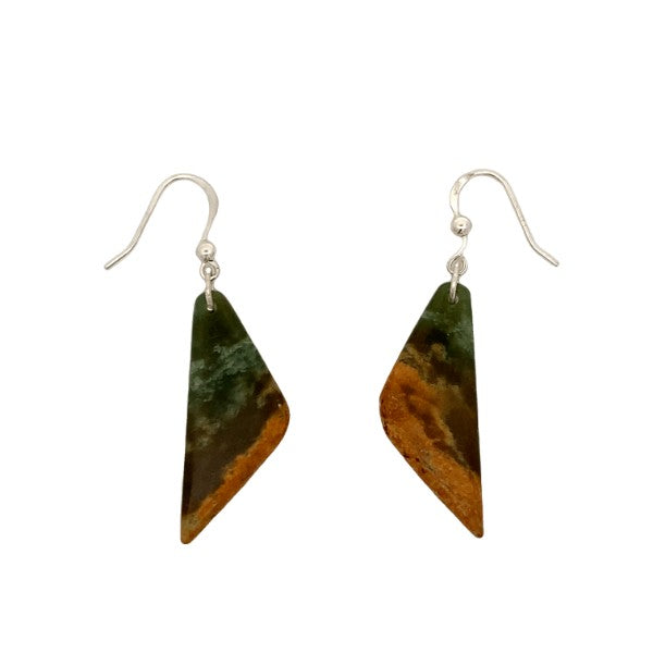 NZ pounamu triangle drop earrings in sterling silver hooks