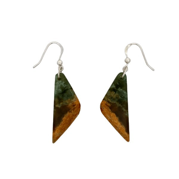 NZ pounamu triangle drop earrings in sterling silver hooks