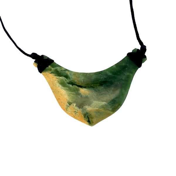 NZ flower jade pounamu greenstone bound breastplate on slider cord