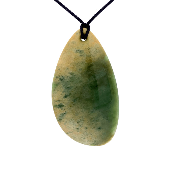 NZ pounamu greenstone flower jade drop on slider cord by Jayme Anderson