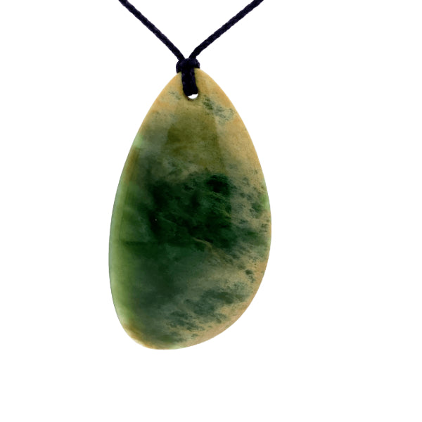 NZ pounamu greenstone flower jade drop on slider cord by Jayme Anderson
