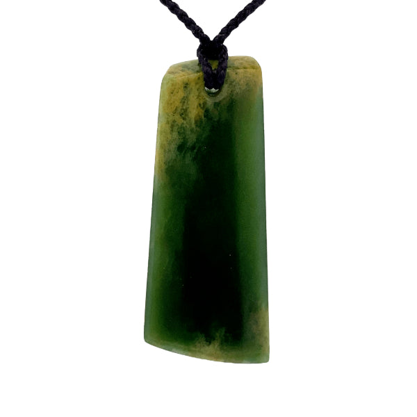 NZ pounamu greenstone flower jade angular drop on slider cord by Jayme Anderson