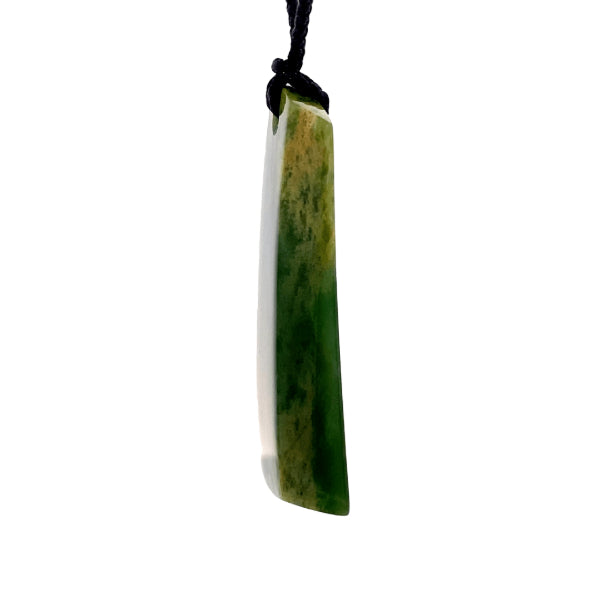 NZ pounamu greenstone flower jade angular drop on slider cord by Jayme Anderson