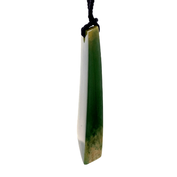 NZ pounamu greenstone flower jade angular drop on slider cord by Jayme Anderson