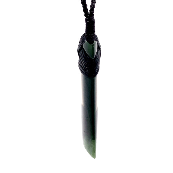 NZ pounamu greenstone flower jade bound toki on slider cord by Jayme Anderson