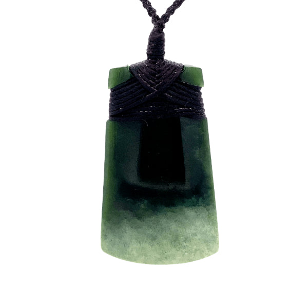 NZ pounamu greenstone flower jade bound toki on slider cord by Jayme Anderson
